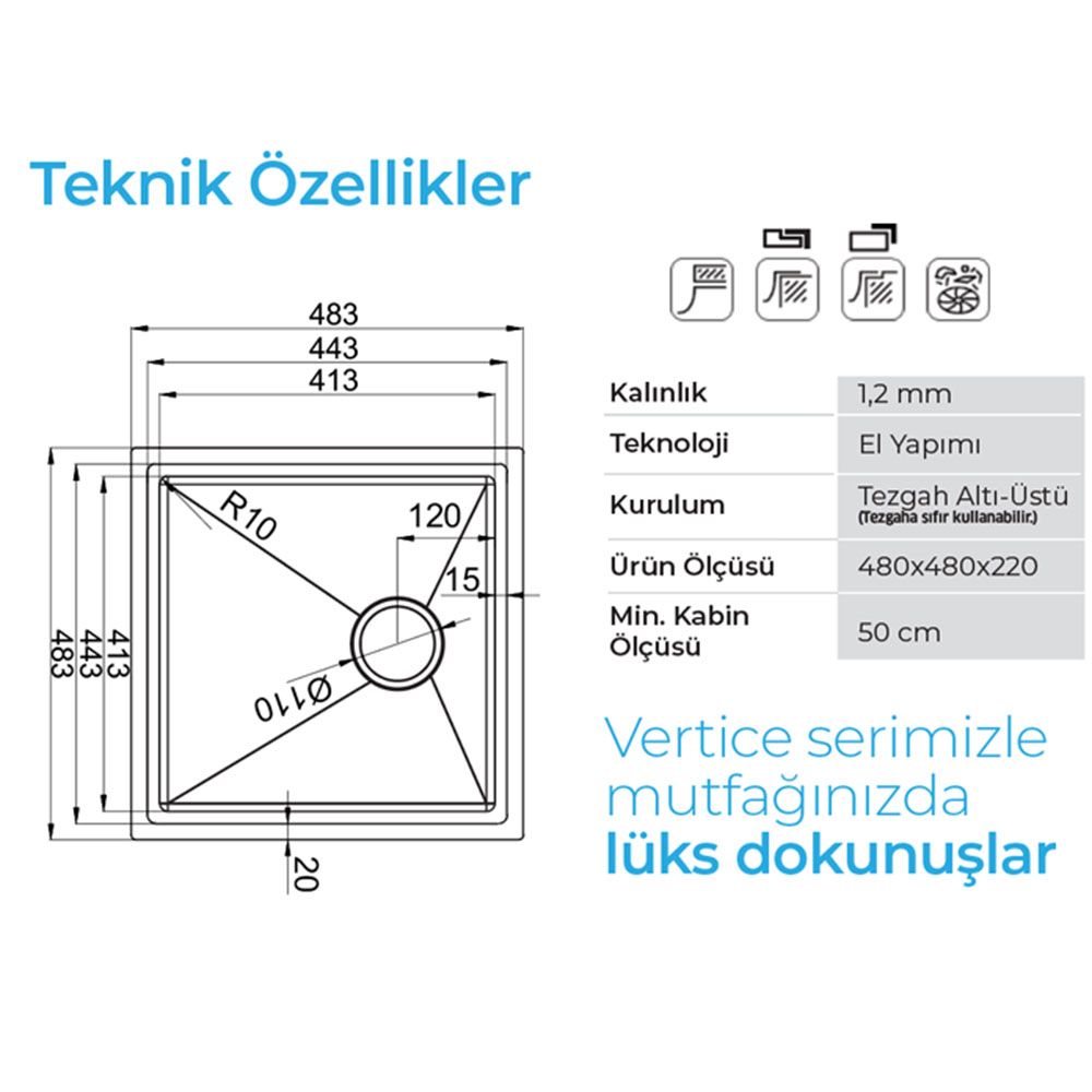 Crauf Vertice 4848 Mat Gri Tezgah Altı-Üstü-Sıfır 480x480mm Tek Gözlü El Yapımı Kompakt Premium Workstation Eviye